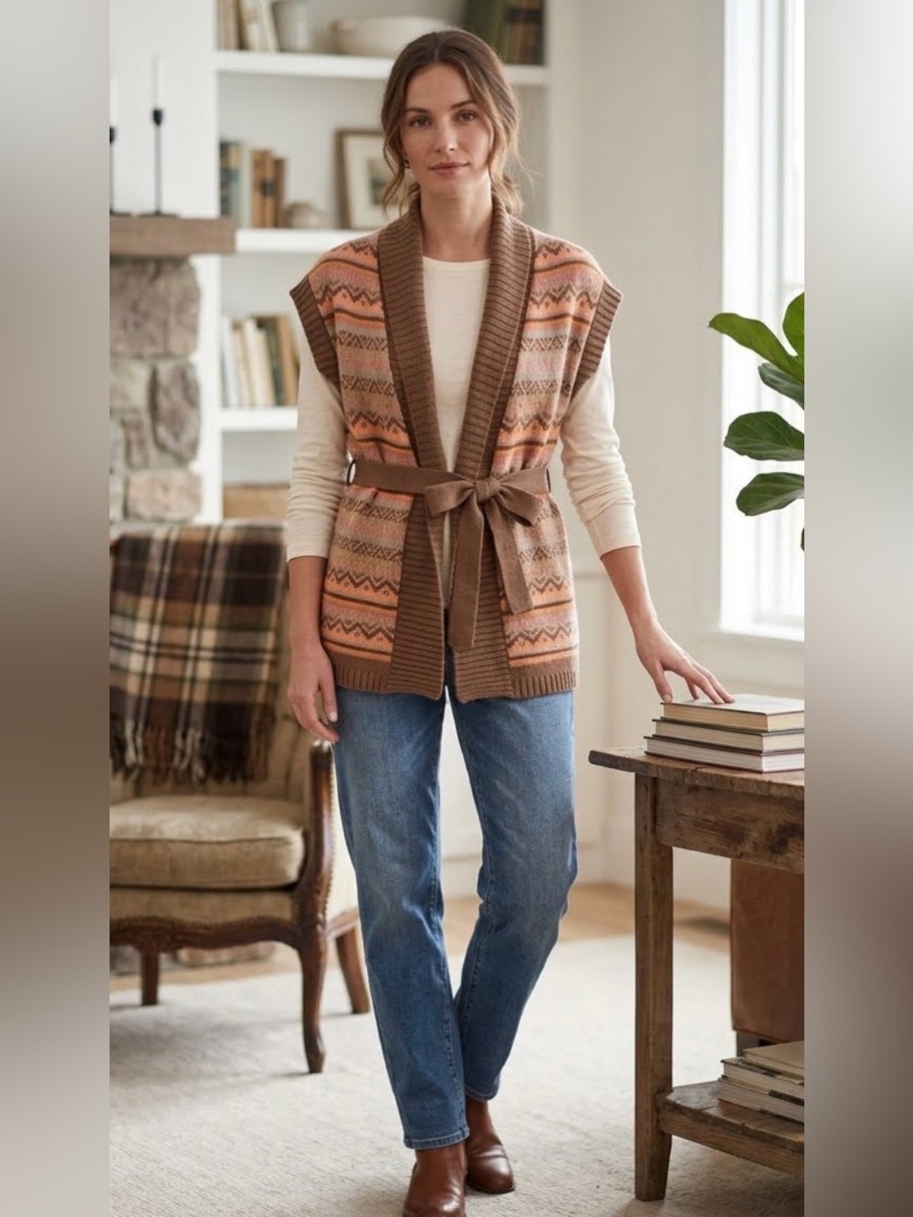 The Limited Brown and Peach Patterned Belted Sweater Vest